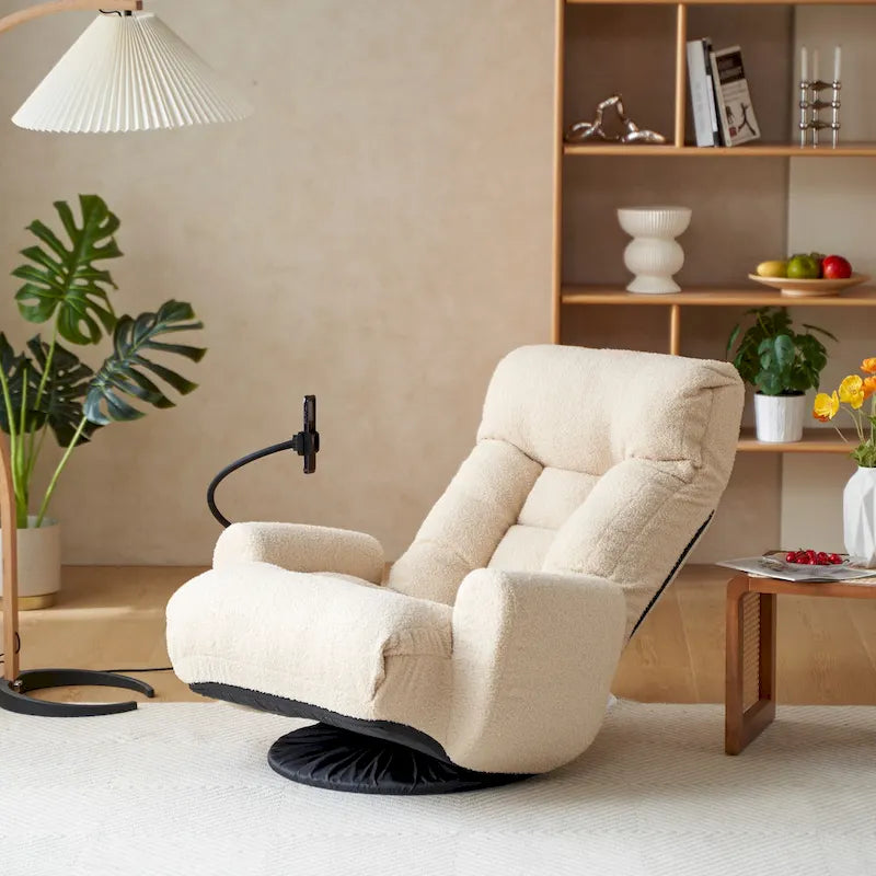 Beige Boucle Swivel Recliner with Phone Holder, Adjustable Headrest, and Backrest