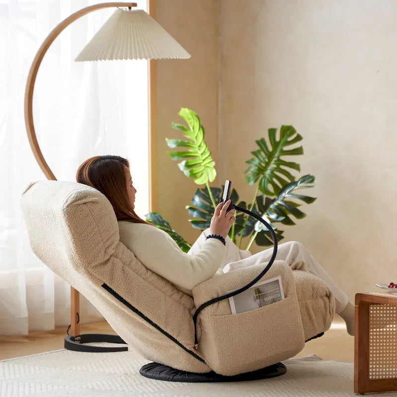 Beige Boucle Swivel Recliner with Phone Holder, Adjustable Headrest, and Backrest