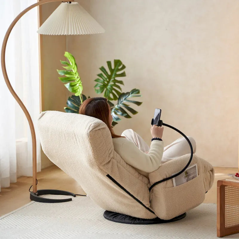 Beige Boucle Swivel Recliner with Phone Holder, Adjustable Headrest, and Backrest
