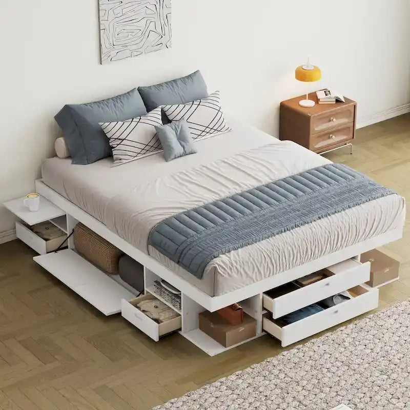 Queen Size Platform Bed with Storage Drawers & Open Shelves, No Box Spring Needed, White