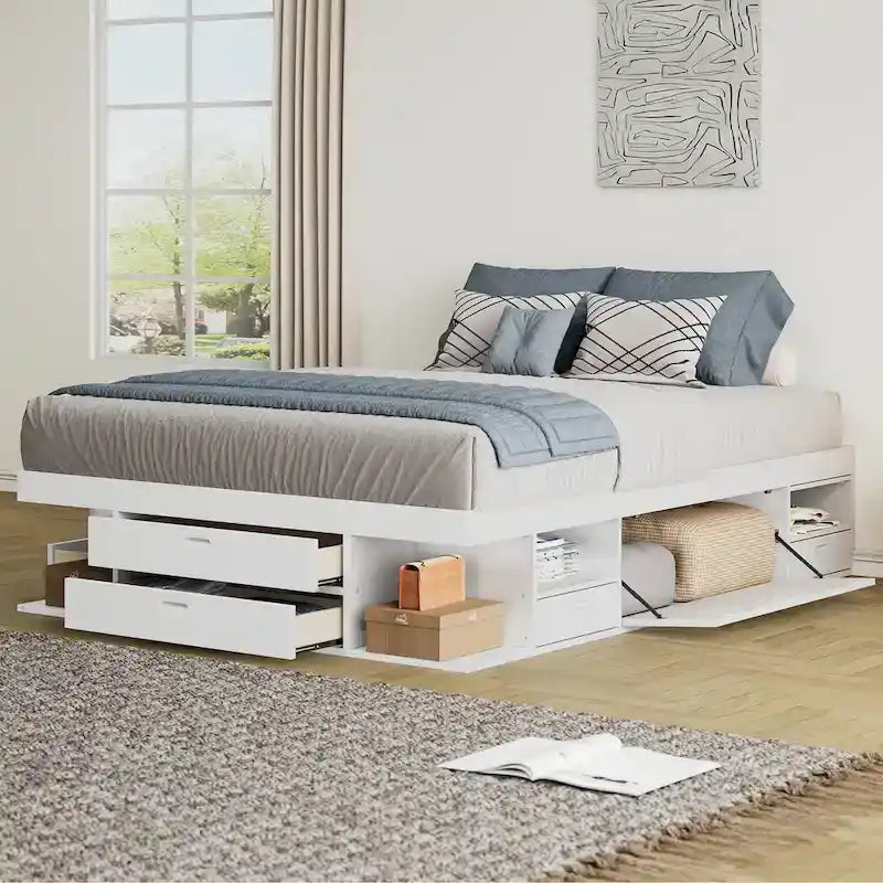 Queen Size Platform Bed with Storage Drawers & Open Shelves, No Box Spring Needed, White