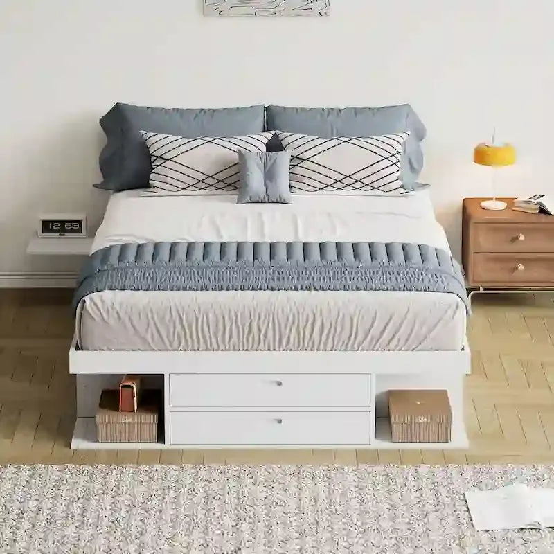 Queen Size Platform Bed with Storage Drawers & Open Shelves, No Box Spring Needed, White