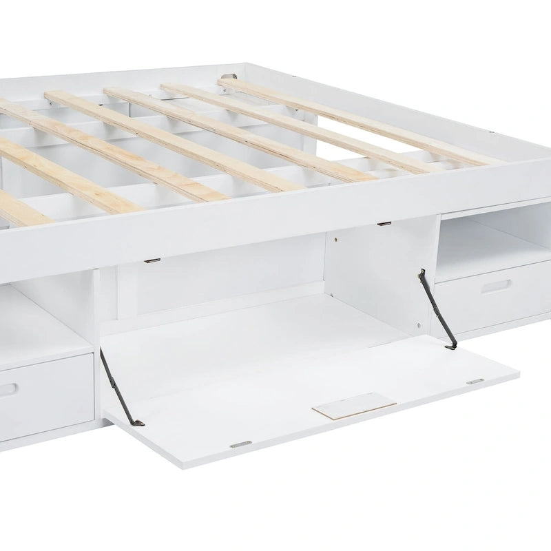 Queen Size Platform Bed with Storage Drawers & Open Shelves, No Box Spring Needed, White