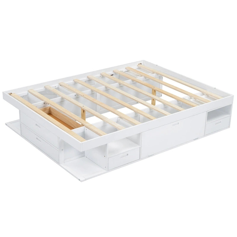 Queen Size Platform Bed with Storage Drawers & Open Shelves, No Box Spring Needed, White