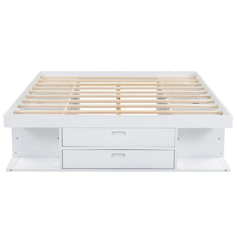 Queen Size Platform Bed with Storage Drawers & Open Shelves, No Box Spring Needed, White