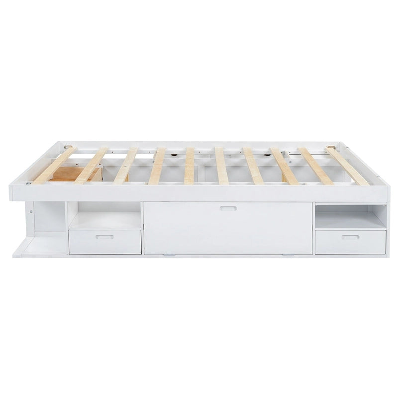 Queen Size Platform Bed with Storage Drawers & Open Shelves, No Box Spring Needed, White