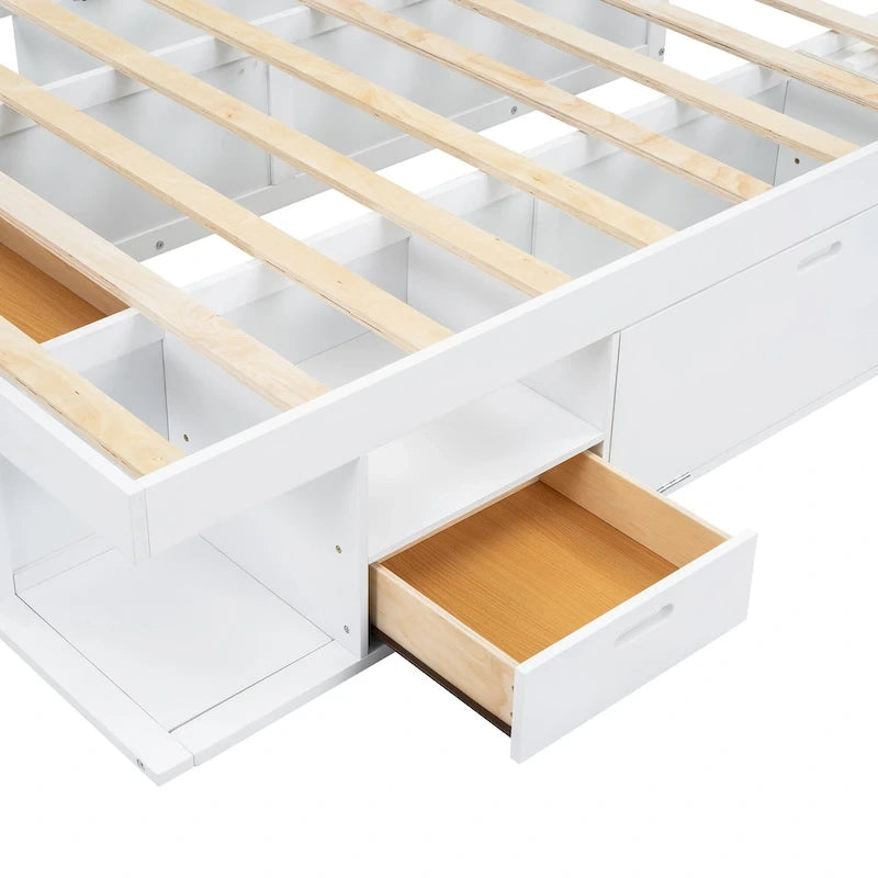 Queen Size Platform Bed with Storage Drawers & Open Shelves, No Box Spring Needed, White