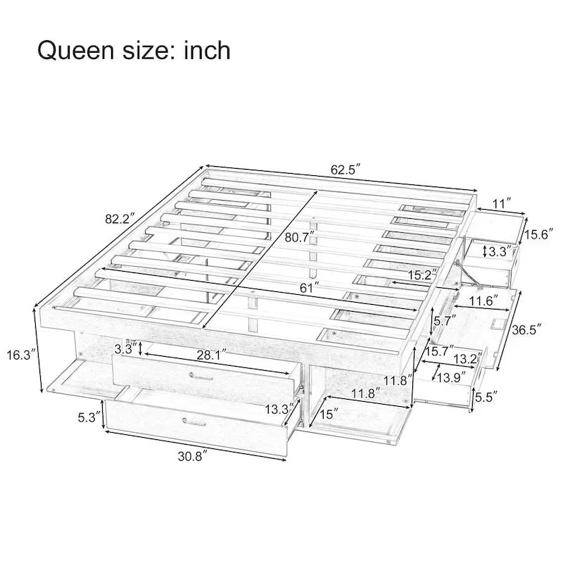 Queen Size Platform Bed with Storage Drawers & Open Shelves, No Box Spring Needed, White