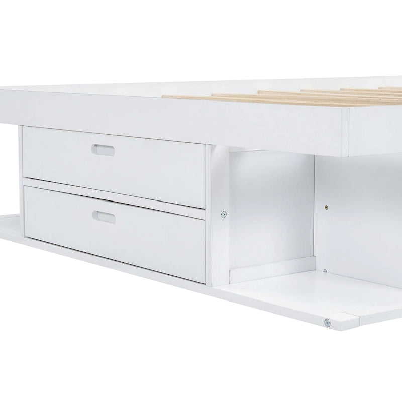 Queen Size Platform Bed with Storage Drawers & Open Shelves, No Box Spring Needed, White