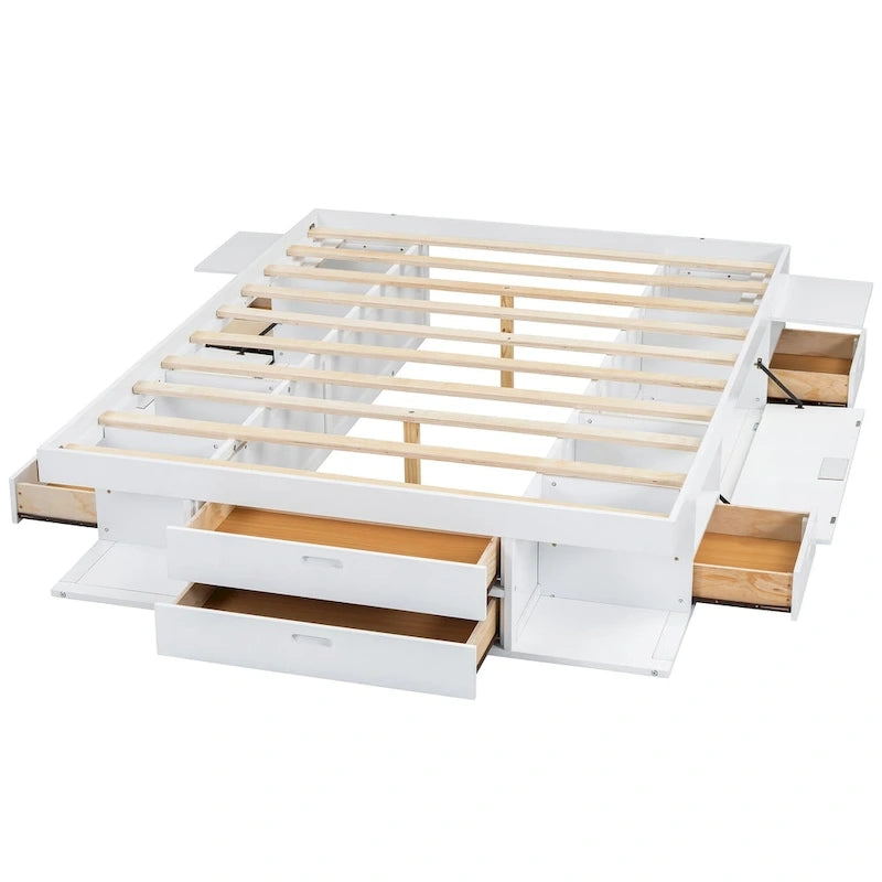 Queen Size Platform Bed with Storage Drawers & Open Shelves, No Box Spring Needed, White