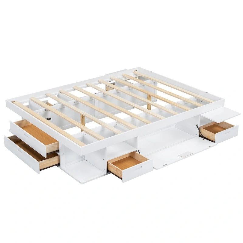 Queen Size Platform Bed with Storage Drawers & Open Shelves, No Box Spring Needed, White