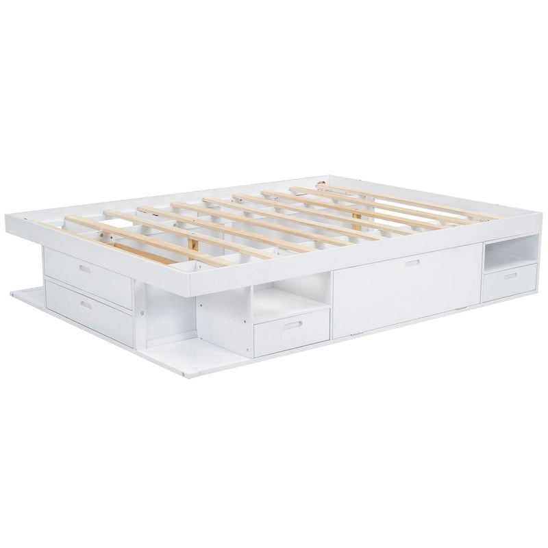 Queen Size Platform Bed with Storage Drawers & Open Shelves, No Box Spring Needed, White