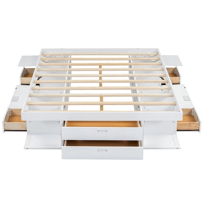 Queen Size Platform Bed with Storage Drawers & Open Shelves, No Box Spring Needed, White