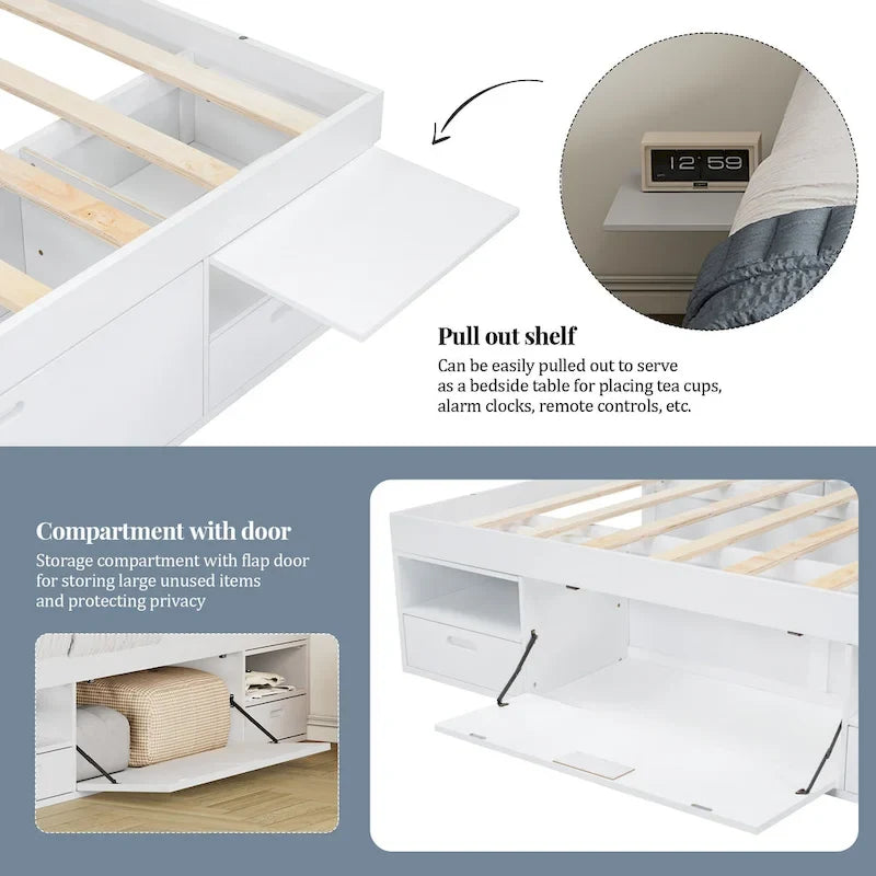 Queen Size Platform Bed with Storage Drawers & Open Shelves, No Box Spring Needed, White
