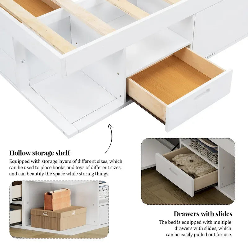 Queen Size Platform Bed with Storage Drawers & Open Shelves, No Box Spring Needed, White