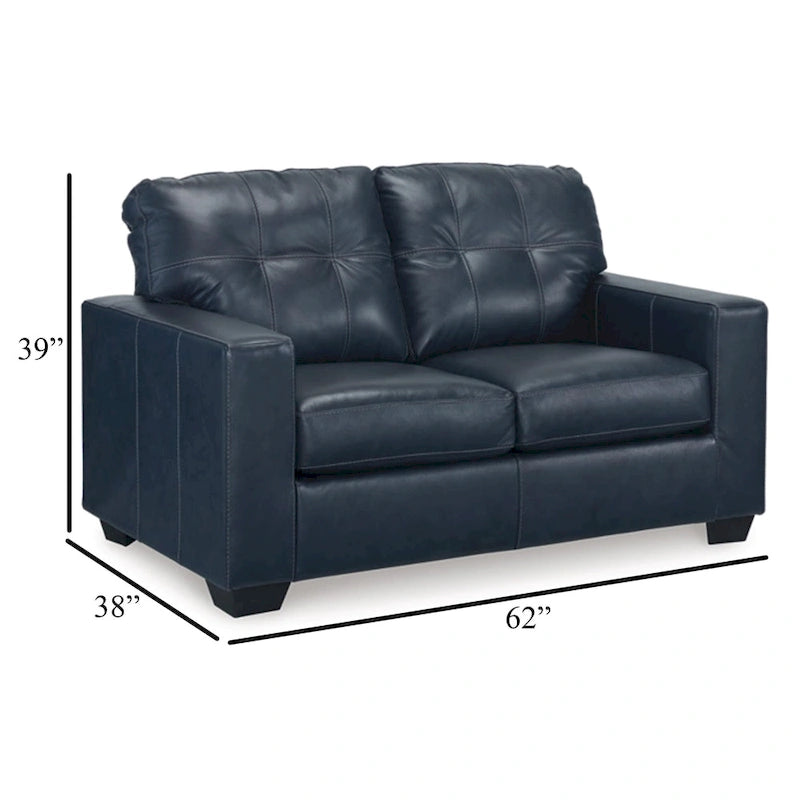 Ocean Blue Tufted Loveseat, Real and Faux Leather Seats, 62 Inch