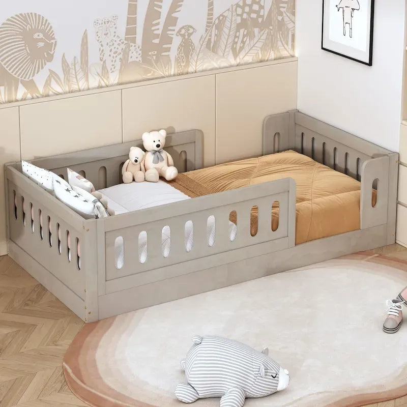 Twin Size Wooden Platform Bed with Guardrail