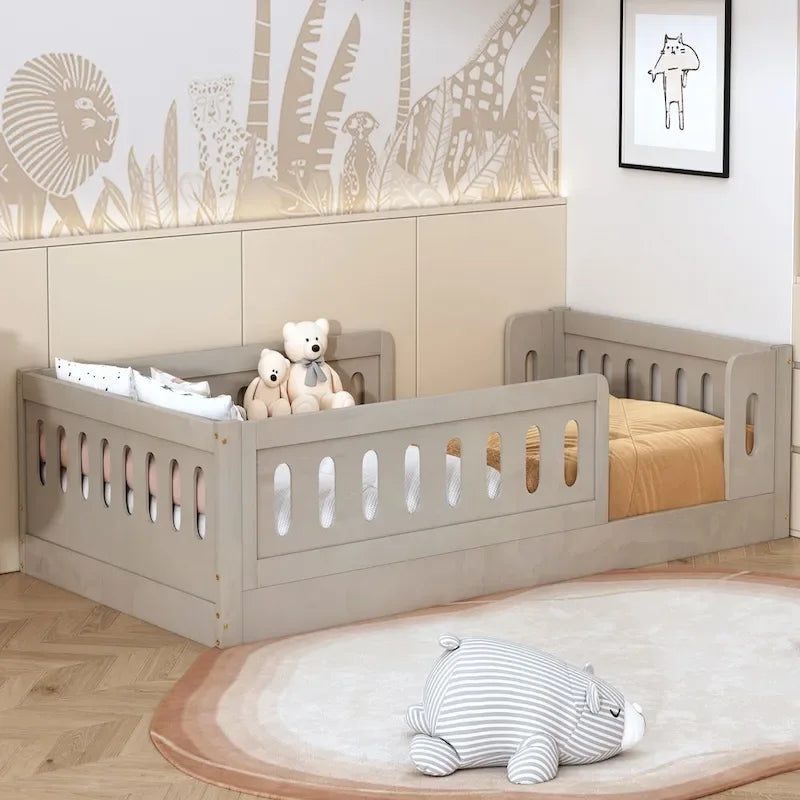 Twin Size Wooden Platform Bed with Guardrail