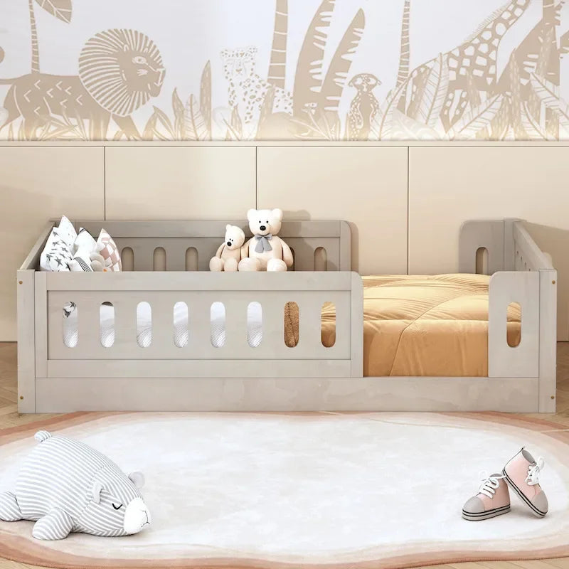 Twin Size Wooden Platform Bed with Guardrail