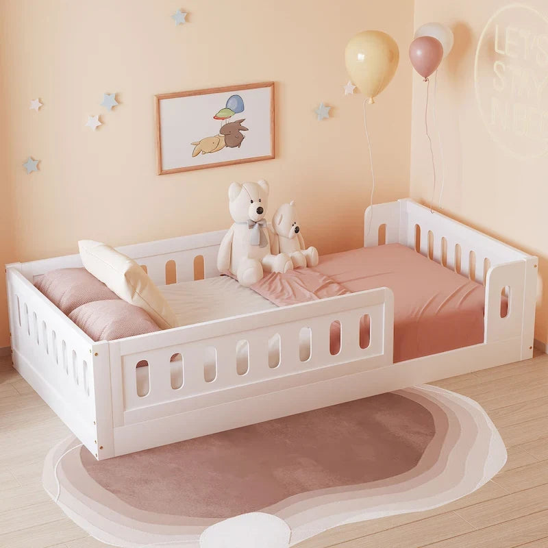 Twin Size Wooden Platform Bed with Guardrail