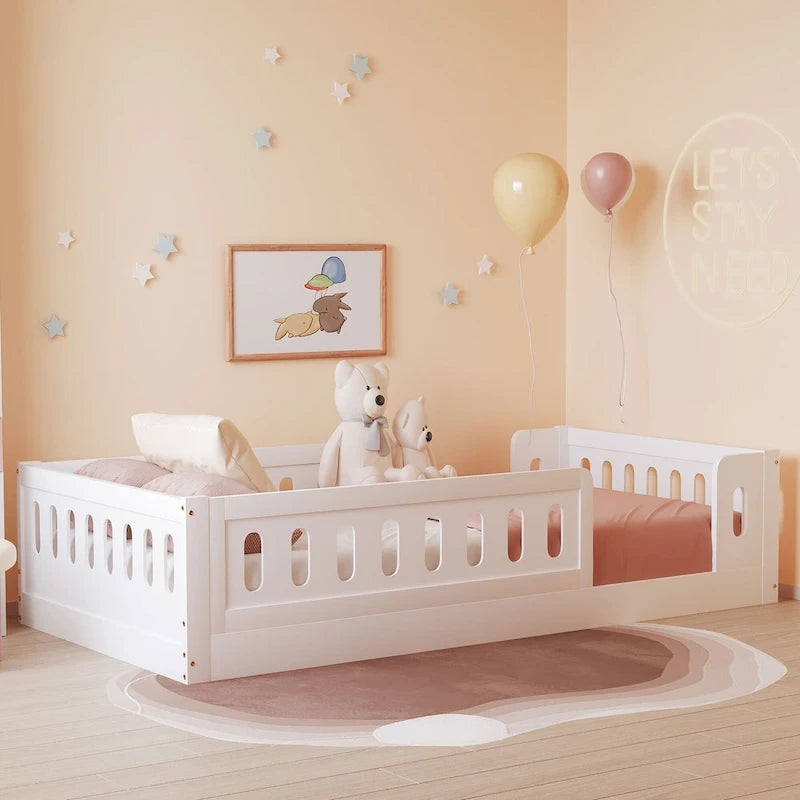 Twin Size Wooden Platform Bed with Guardrail