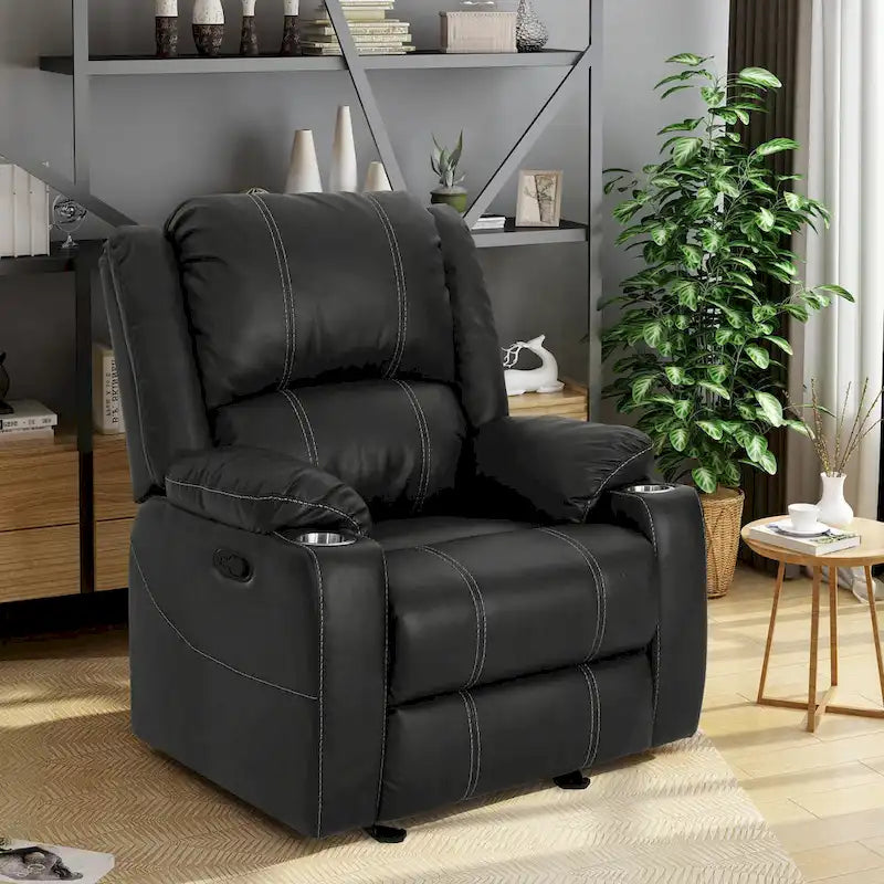 Black Contemporary Manual Recliner Chair with Steel Cup Holders, Plush PU Leather Upholstery, Adjustable Recline