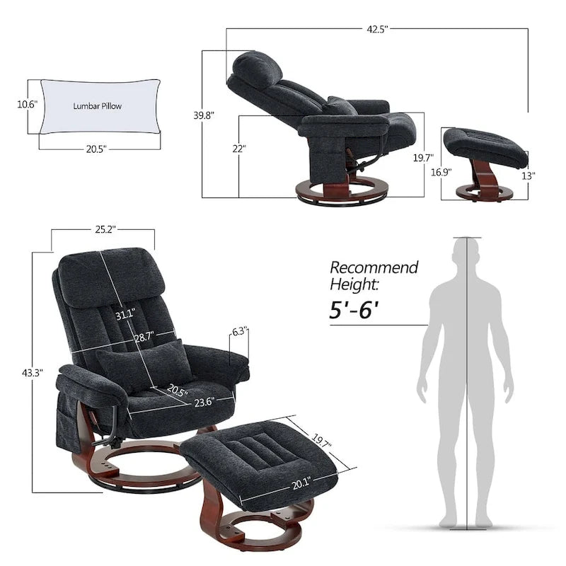 Swivel Recliner with Ottoman, Leisure Office Chair, Ergonomic Lounge Chair, Chenille Fabric