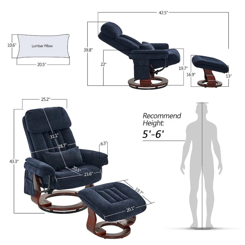 Swivel Recliner with Ottoman, Leisure Office Chair, Ergonomic Lounge Chair, Chenille Fabric