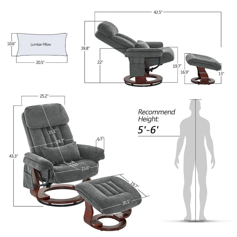 Swivel Recliner with Ottoman, Leisure Office Chair, Ergonomic Lounge Chair, Chenille Fabric