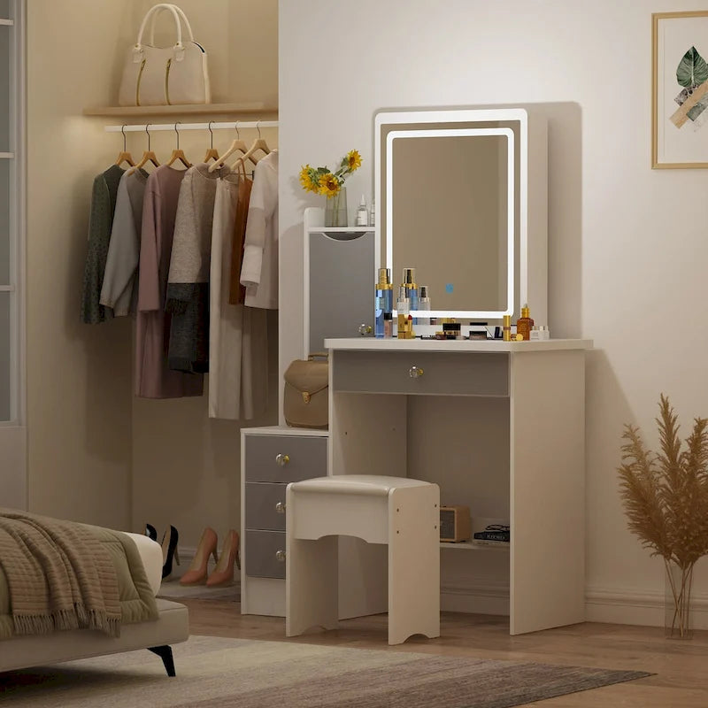 4-Drawer Makeup Organizer Vanity Table Set with LED-lit Mirror Dresser
