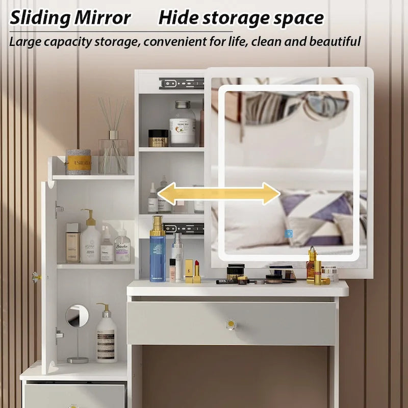 4-Drawer Makeup Organizer Vanity Table Set with LED-lit Mirror Dresser
