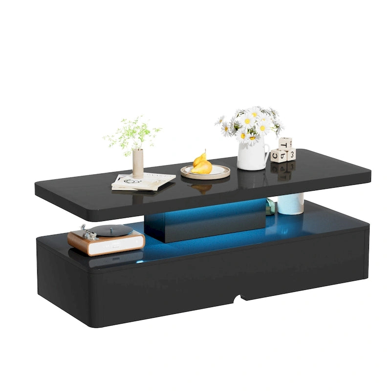 Coffee Table with 16-Color LED Lights & Double-Layer Storage