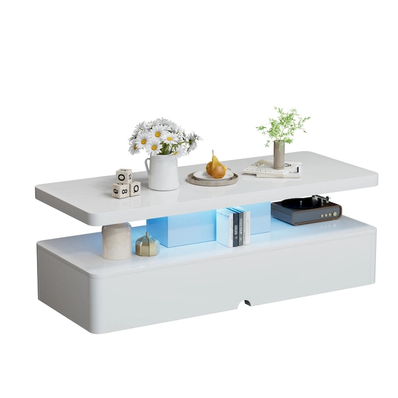 Coffee Table with 16-Color LED Lights & Double-Layer Storage
