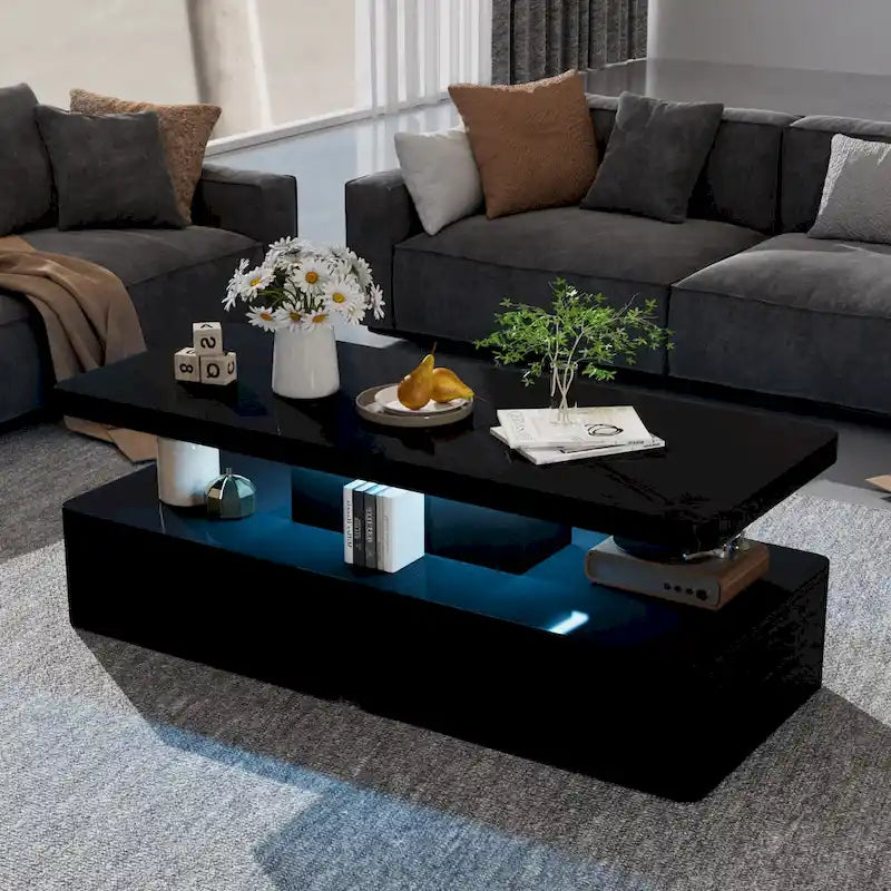 Coffee Table with 16-Color LED Lights & Double-Layer Storage