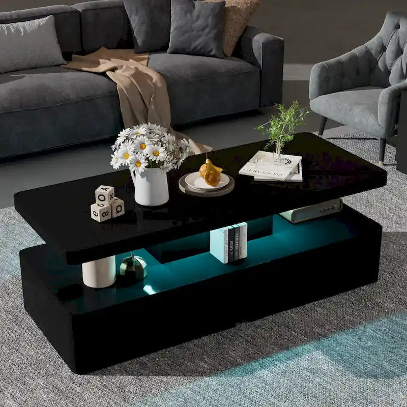 Coffee Table with 16-Color LED Lights & Double-Layer Storage