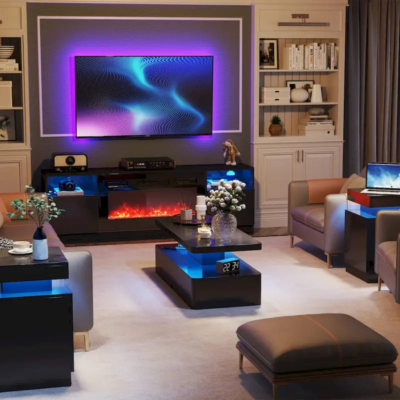 Coffee Table with 16-Color LED Lights & Double-Layer Storage