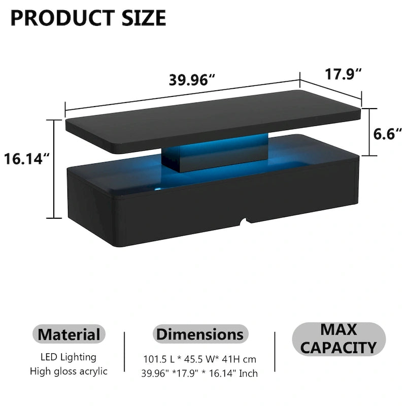 Coffee Table with 16-Color LED Lights & Double-Layer Storage