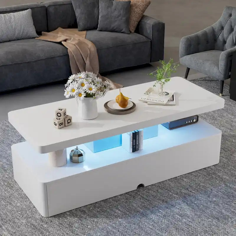 Coffee Table with 16-Color LED Lights & Double-Layer Storage
