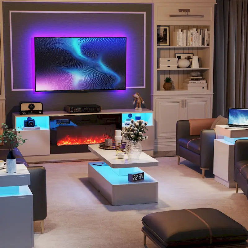 Coffee Table with 16-Color LED Lights & Double-Layer Storage