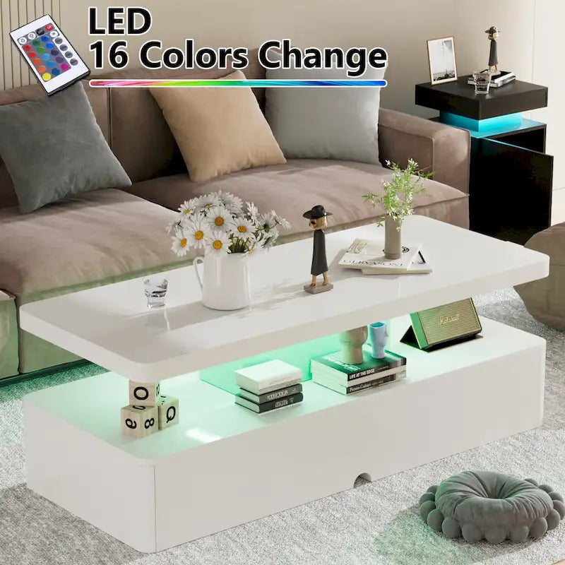 Coffee Table with 16-Color LED Lights & Double-Layer Storage