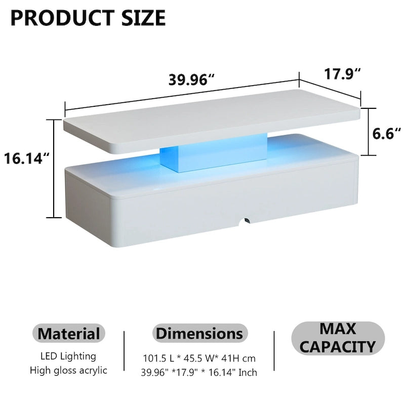 Coffee Table with 16-Color LED Lights & Double-Layer Storage