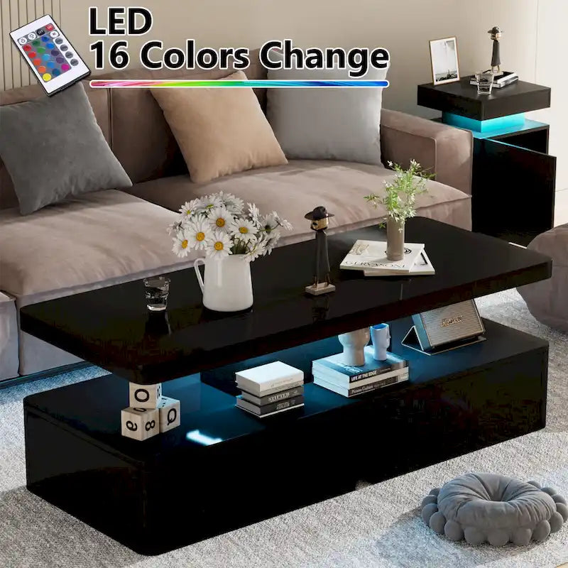Coffee Table with 16-Color LED Lights & Double-Layer Storage