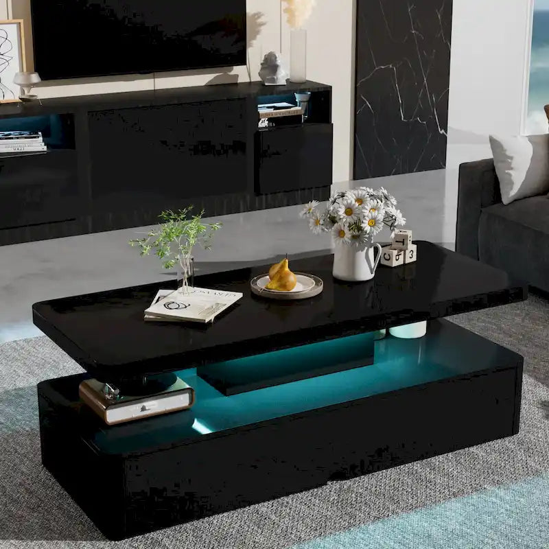 Coffee Table with 16-Color LED Lights & Double-Layer Storage