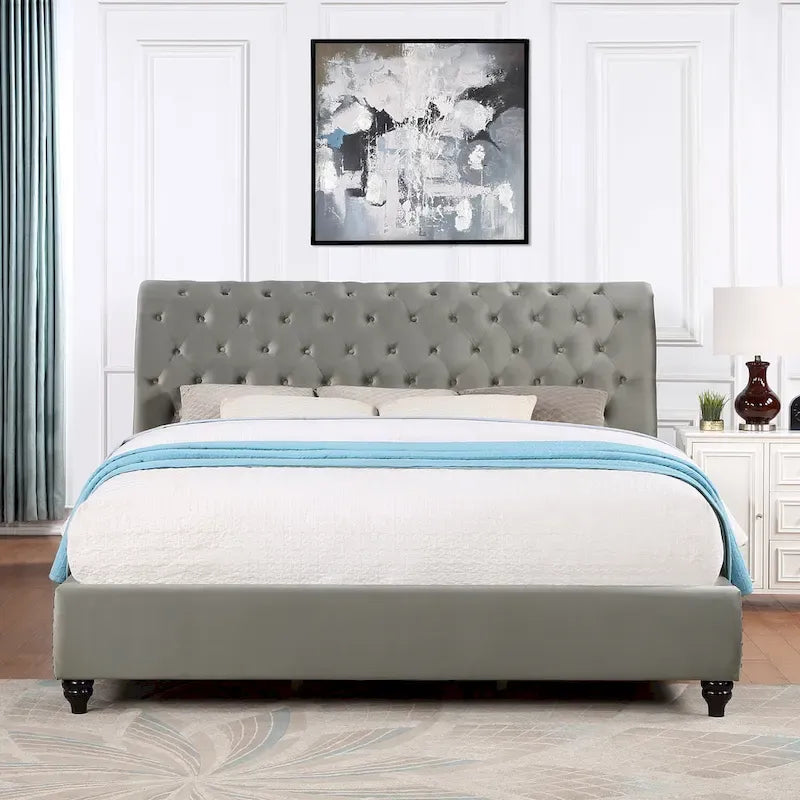 Velvet Upholstered Button Tufted Nailhead Trim Sleigh Bed, Gray
