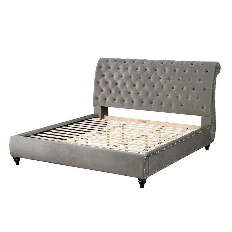 Velvet Upholstered Button Tufted Nailhead Trim Sleigh Bed, Gray