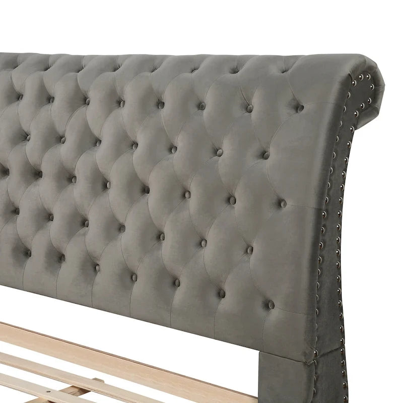 Velvet Upholstered Button Tufted Nailhead Trim Sleigh Bed, Gray