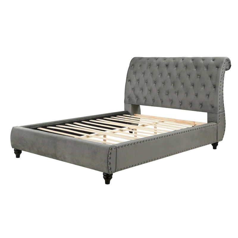 Velvet Upholstered Button Tufted Nailhead Trim Sleigh Bed, Gray