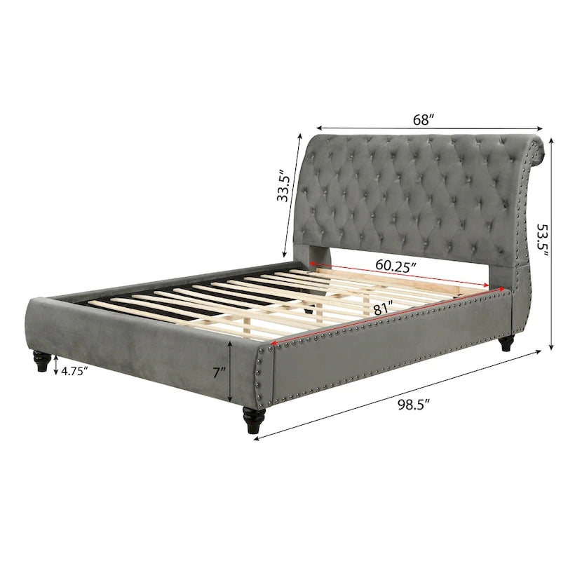 Velvet Upholstered Button Tufted Nailhead Trim Sleigh Bed, Gray