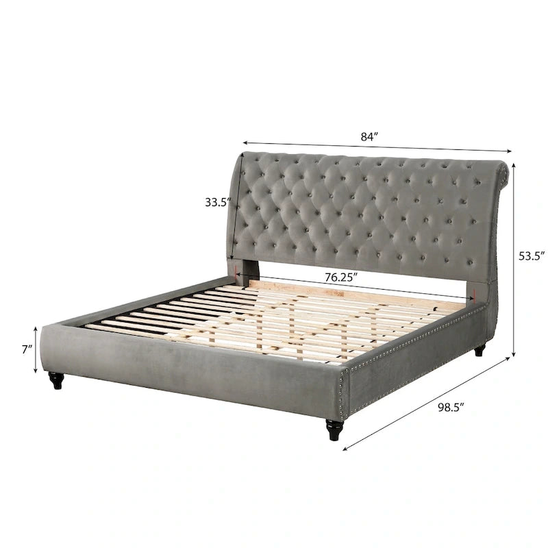 Velvet Upholstered Button Tufted Nailhead Trim Sleigh Bed, Gray