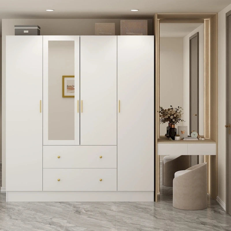 Wardrobe Armoire Wooden Closet with Mirror 4 Doors 2 Drawers